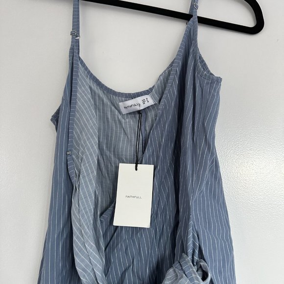 NWT Faithfull The Brand Kara Wrap Mini Dress V-neckline Sz M Oxford Blue Stripe - Picture 7 of 10